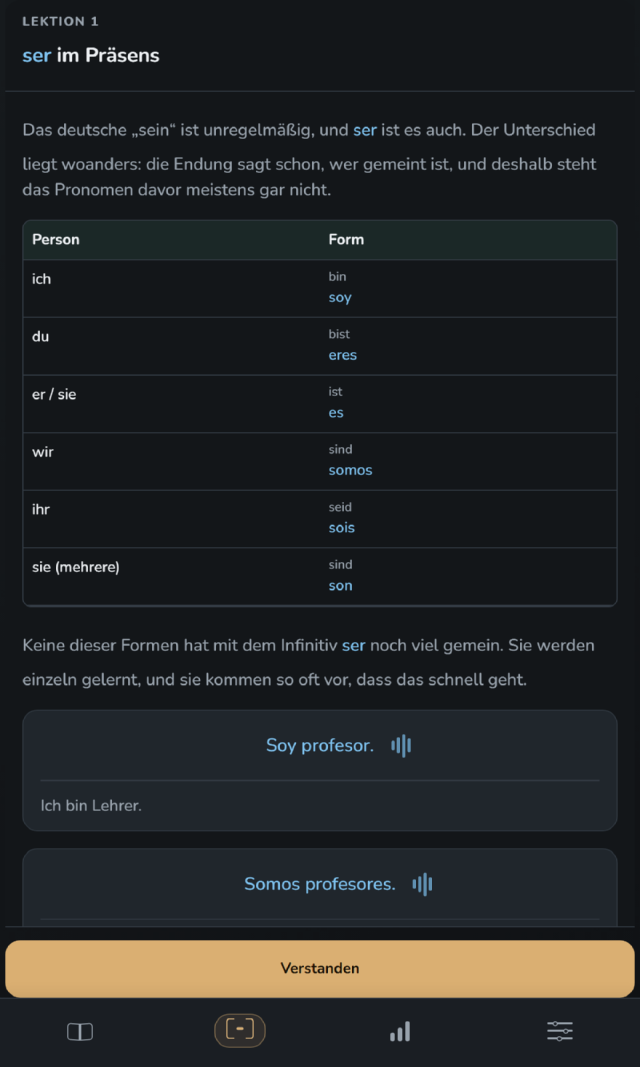 Grammatiklektion zur Gegenwart von ser, mit Tabelle und Beispielsätzen