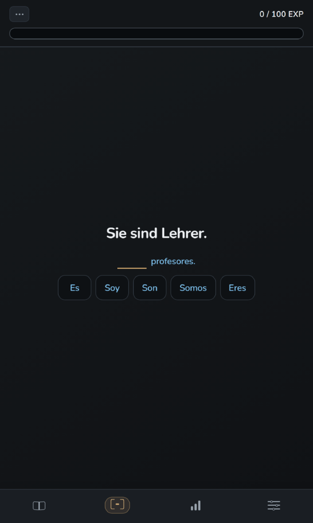 Lernkarte aus einer Grammatiklektion, ein Satz mit Lücke und fünf Antwortmöglichkeiten