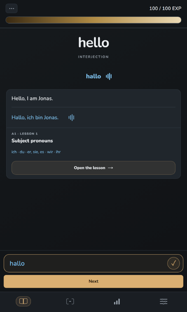 Tarjeta de vocabulario con la palabra alemana hallo, escrita correctamente